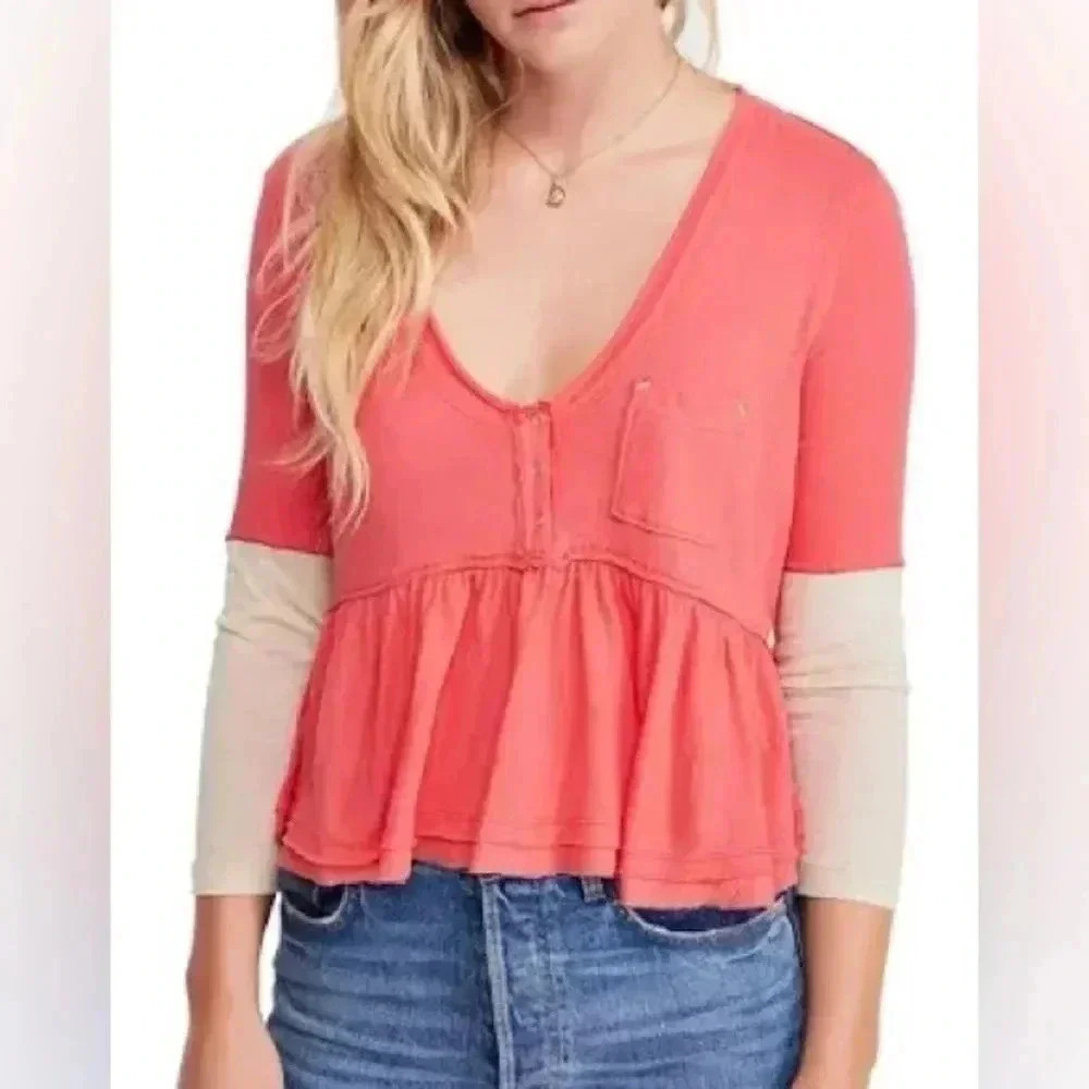 Free People Heart Of Mine Peplum Top sz Large in Camelia Combo Red layered